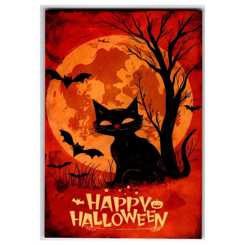 Happy Halloween Black Cat Full Moon Bats Vintage Style Postcard